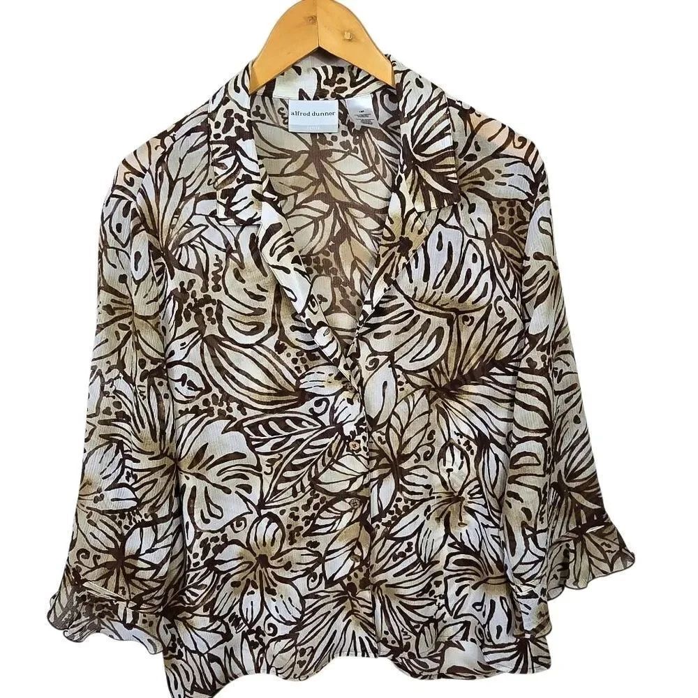 Alfred Dunner Cream and Brown Leaf Print Blouse Size 18
